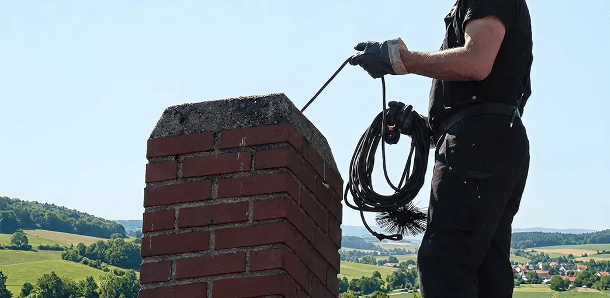 Chimney sweep inspecting and cleaning a rooftop chimney in Ogden, UT