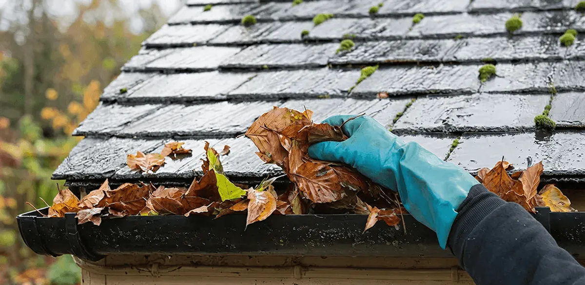 Gutter cleaning technician clearing wet leaves from roof gutters in Ogden, UT